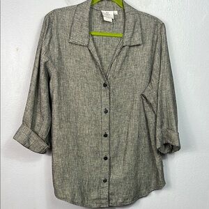 Hot Cotton Linen Blend Black & White Woven Button Front 3/4 Sleeve Blouse Large